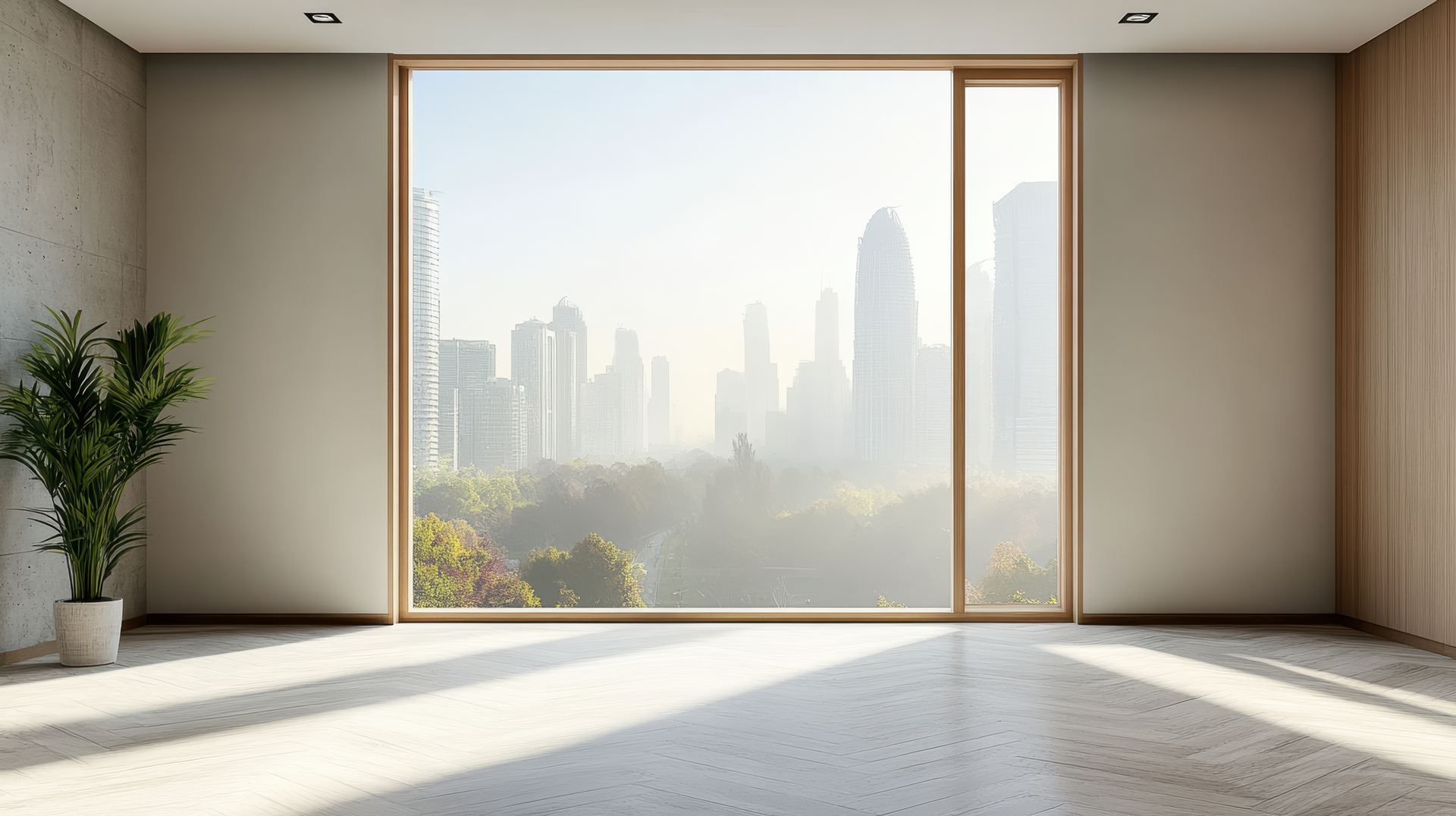 Sunlit empty living room with large window overlooking hazy city skyline and park